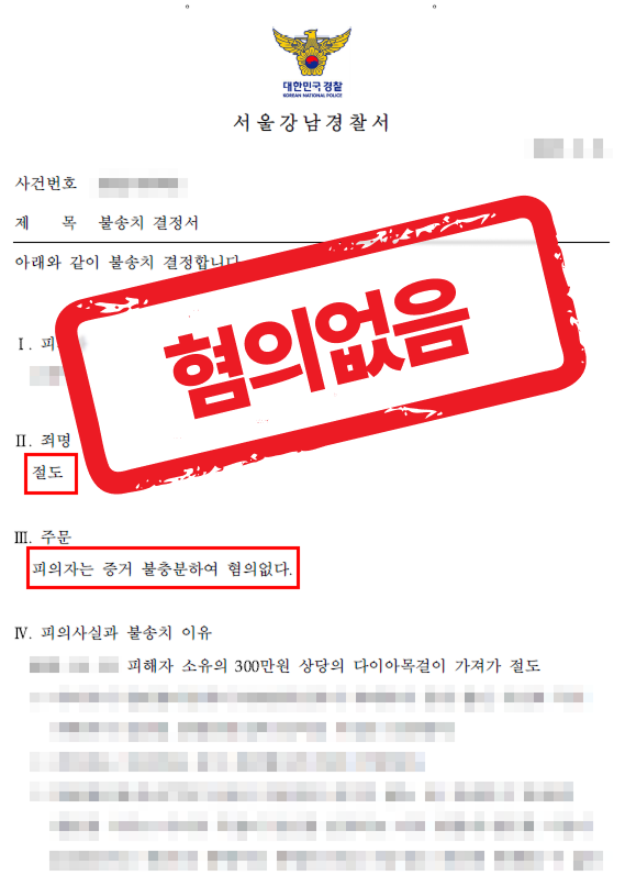 병원 VIP 담당자가 명품 목걸이 절도로 억울하게 몰린 사건, 무혐의로 종결된 사례 — 형사 전문 변호사의 실전 변론