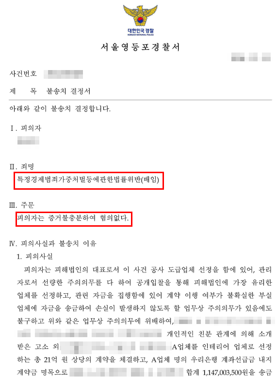 11억 원 배임 혐의, 증거불충분 무혐의로 종결 — 형사 전문 변호사의 실전 변론